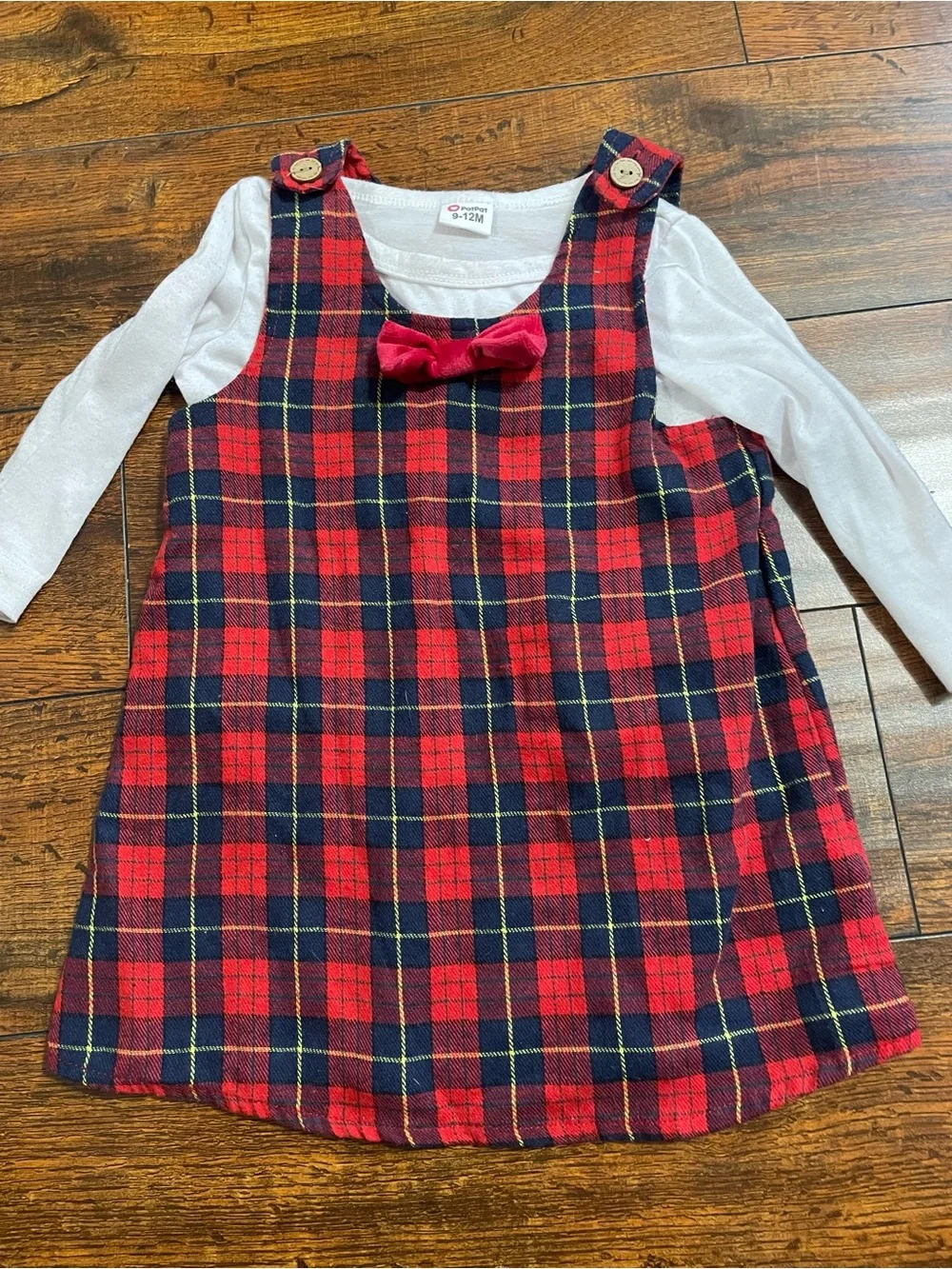 Red & Navy Plaid Pinafore Dress with Bow and Long Sleeve Shirt